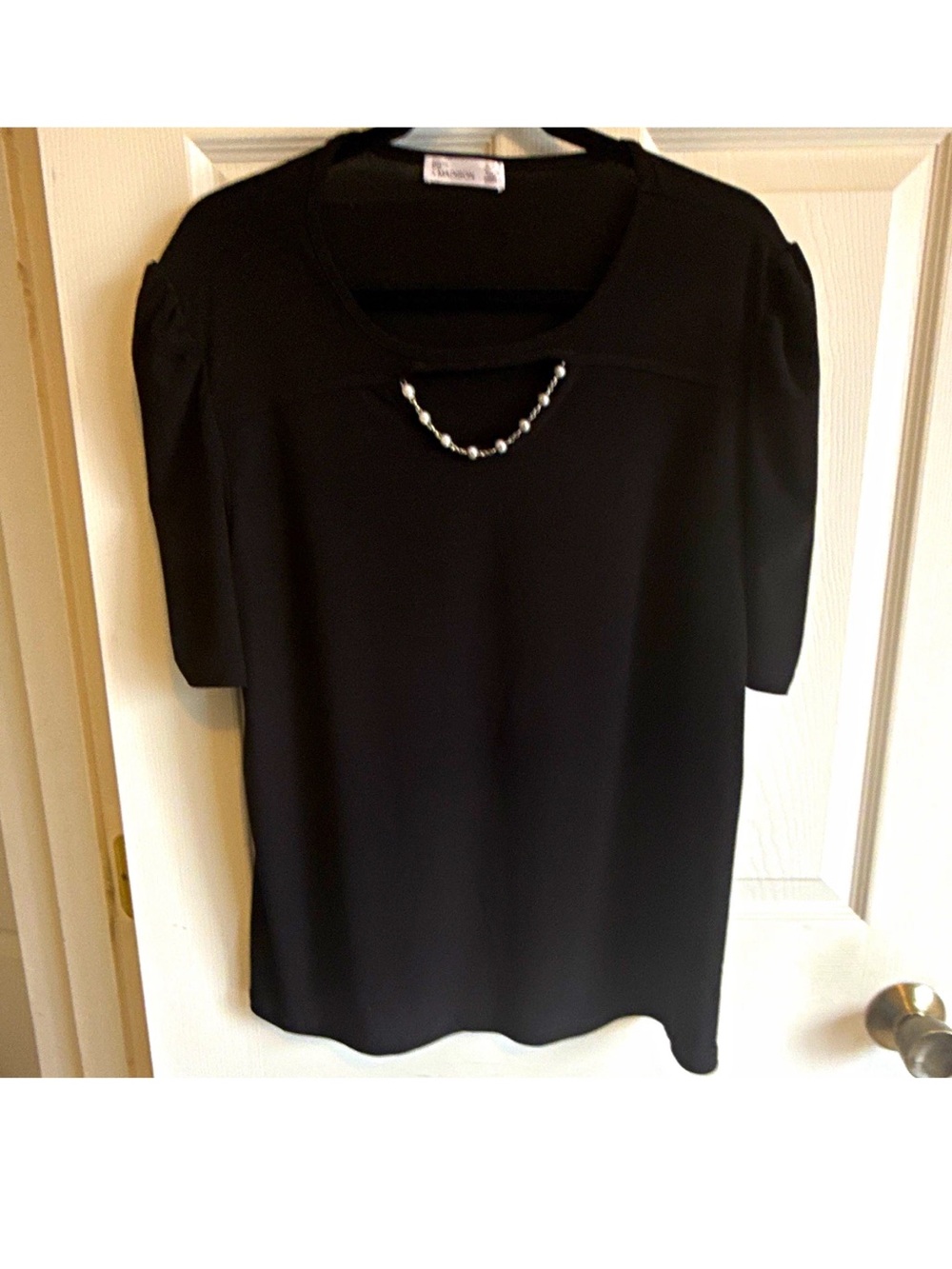 Madison Black Puff-Sleeve Top with Decorative Bead Accent